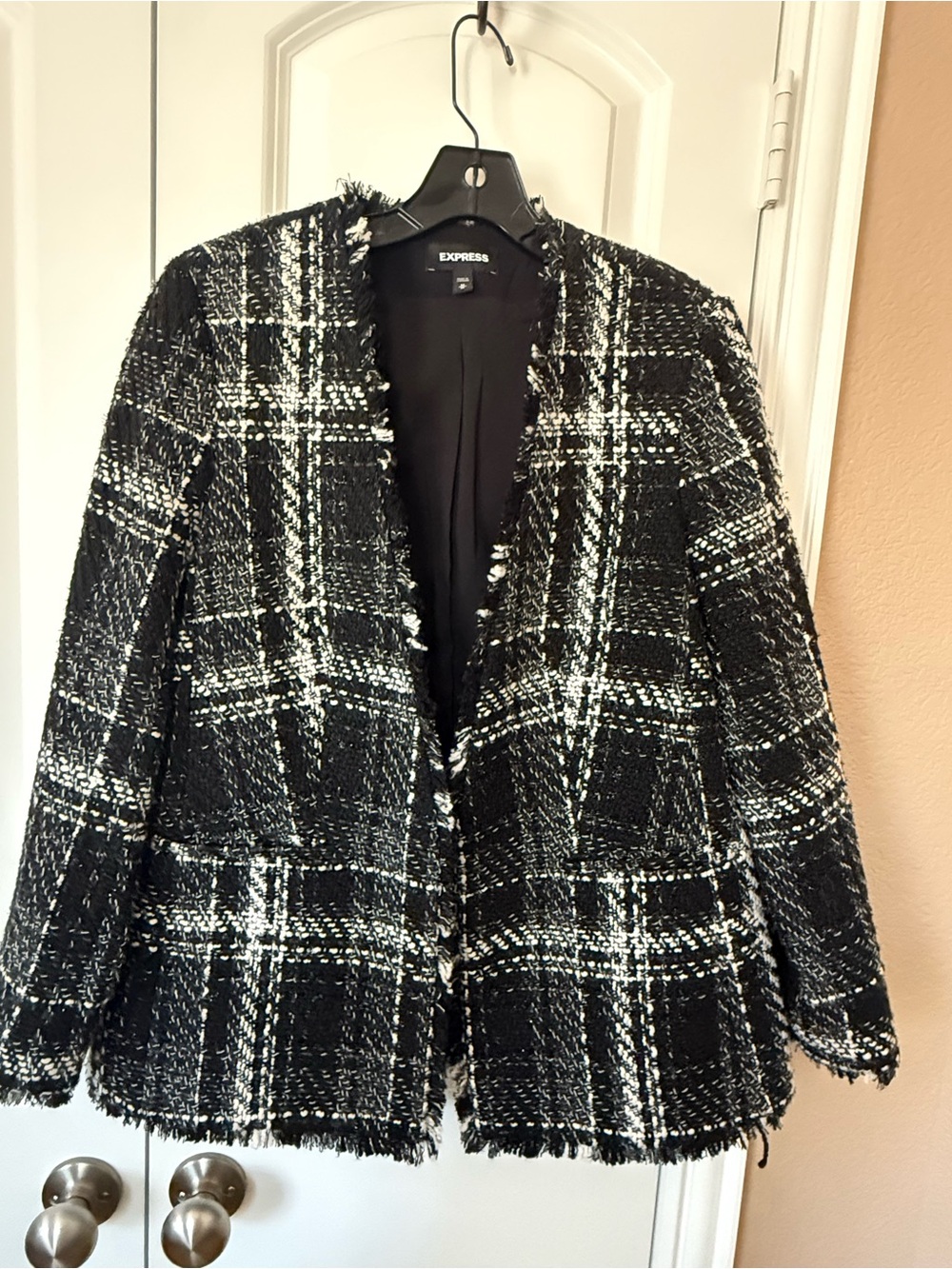 Express Black & White Plaid Tweed Open Blazer